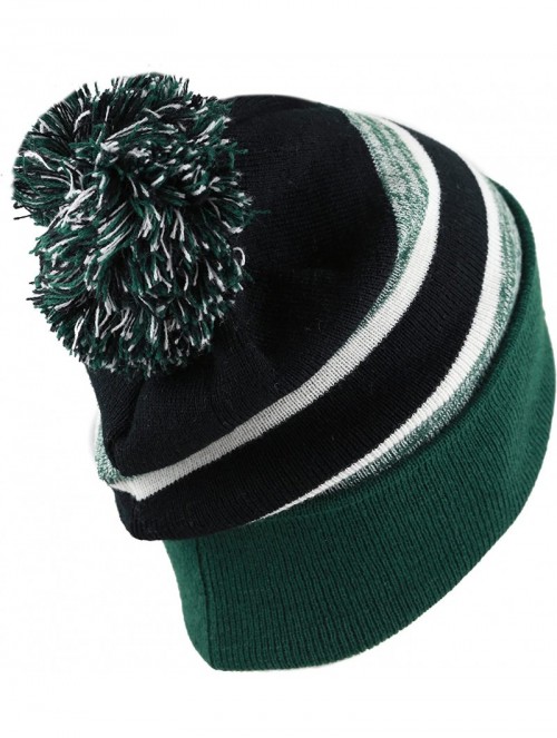 Skullies & Beanies Winter Soft Unisex Cuff Pom Pom Stripe Knit Beanie Skull Slouch Hat - D.green/Black - CP1876DELRI $13.26