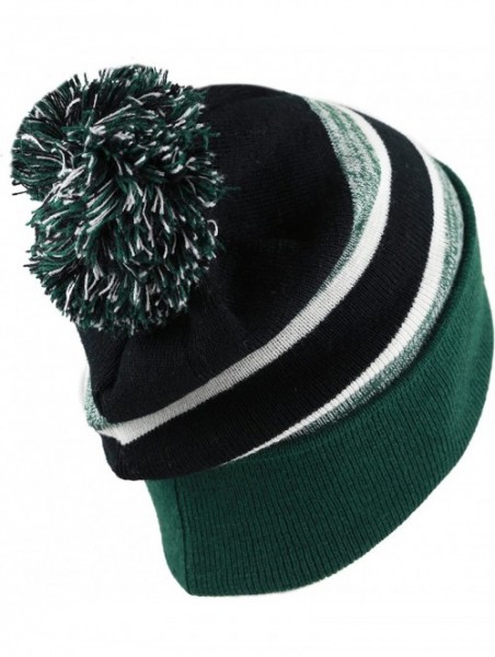 Skullies & Beanies Winter Soft Unisex Cuff Pom Pom Stripe Knit Beanie Skull Slouch Hat - D.green/Black - CP1876DELRI $13.26