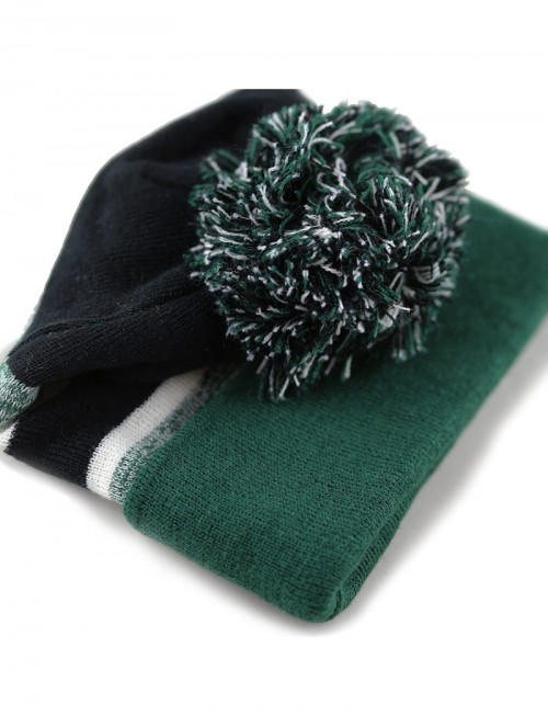 Skullies & Beanies Winter Soft Unisex Cuff Pom Pom Stripe Knit Beanie Skull Slouch Hat - D.green/Black - CP1876DELRI $13.26