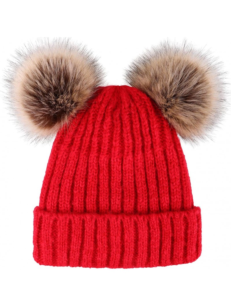 Skullies & Beanies Womens Beanie Winter Cable Knit Faux Fur Pompom Ears Beanie Hat - A_red - CR18E30O2U2 $19.22