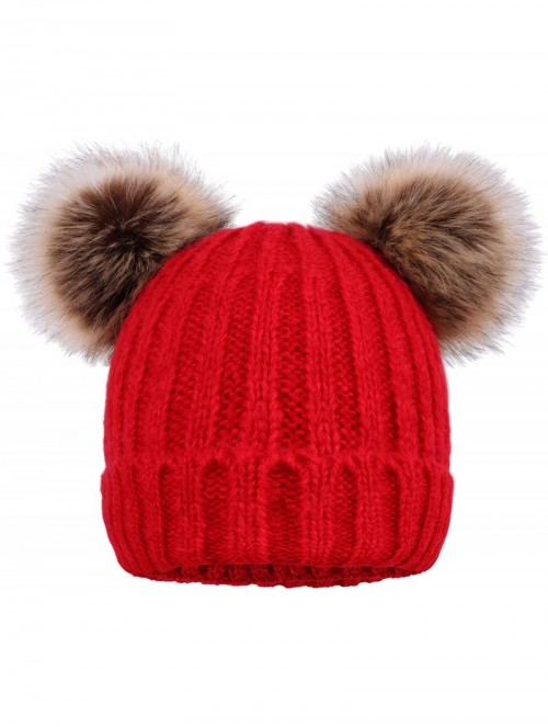 Skullies & Beanies Womens Beanie Winter Cable Knit Faux Fur Pompom Ears Beanie Hat - A_red - CR18E30O2U2 $19.22