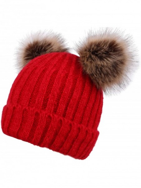 Skullies & Beanies Womens Beanie Winter Cable Knit Faux Fur Pompom Ears Beanie Hat - A_red - CR18E30O2U2 $19.22