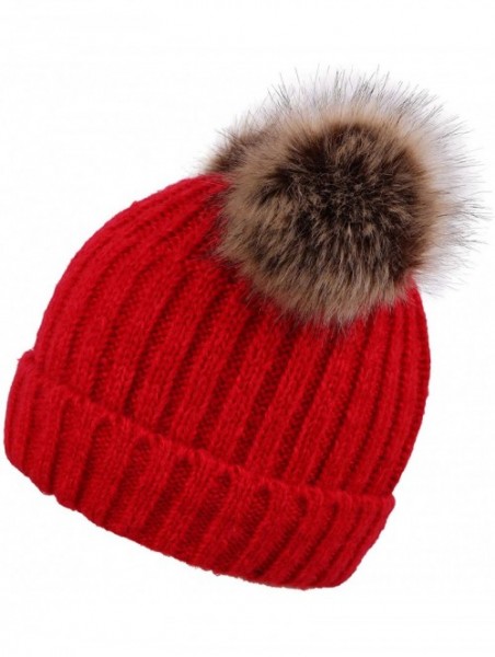 Skullies & Beanies Womens Beanie Winter Cable Knit Faux Fur Pompom Ears Beanie Hat - A_red - CR18E30O2U2 $19.22