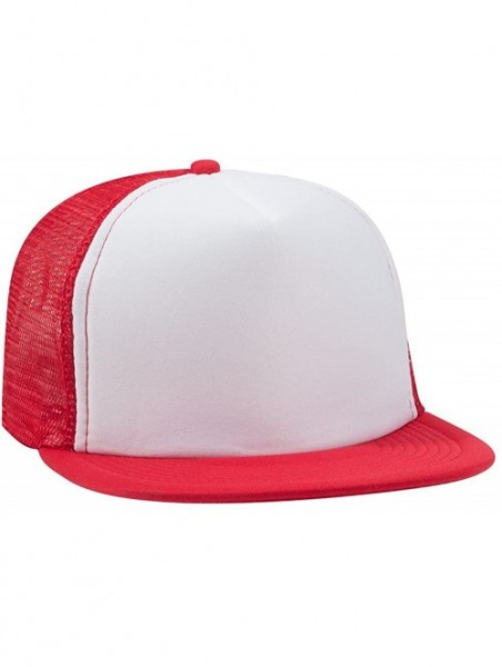 Baseball Caps SNAP Round Flat Visor High Crown Mesh Back 5 Panel Trucker Snapback - Red/Wht/Red - CV12FN77QG7 $13.20