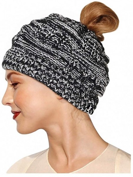Skullies & Beanies Knit Hat- Ponytail Beanie Cap Outdoor Winter Stretch Cable Bun Knit Hat - Black and White - CJ18AGGZX3U $1...