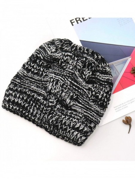 Skullies & Beanies Knit Hat- Ponytail Beanie Cap Outdoor Winter Stretch Cable Bun Knit Hat - Black and White - CJ18AGGZX3U $1...