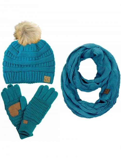 Skullies & Beanies 3pc Set Trendy Warm Chunky Soft Stretch Cable Knit Pom Pom Beanie- Scarves and Gloves Set - Teal - C918KOH...