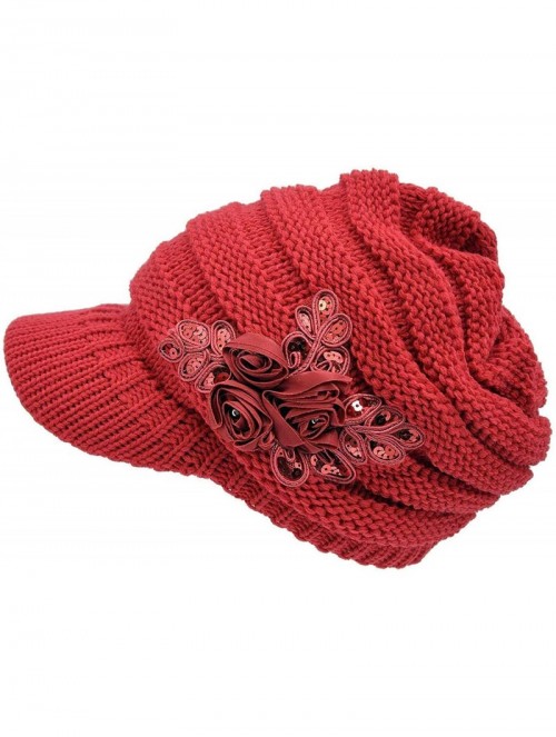 Skullies & Beanies Women Cable Knit Winter Warm Beanie Hats Newsboy Cap Visor with Sequined Flower - Red - C418M69MCHZ $14.11