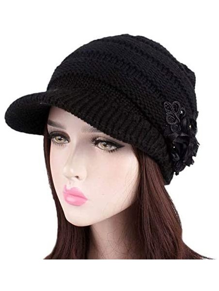 Skullies & Beanies Women Cable Knit Winter Warm Beanie Hats Newsboy Cap Visor with Sequined Flower - Red - C418M69MCHZ $14.11