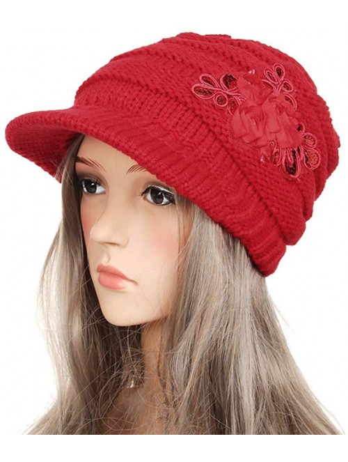 Skullies & Beanies Women Cable Knit Winter Warm Beanie Hats Newsboy Cap Visor with Sequined Flower - Red - C418M69MCHZ $14.11