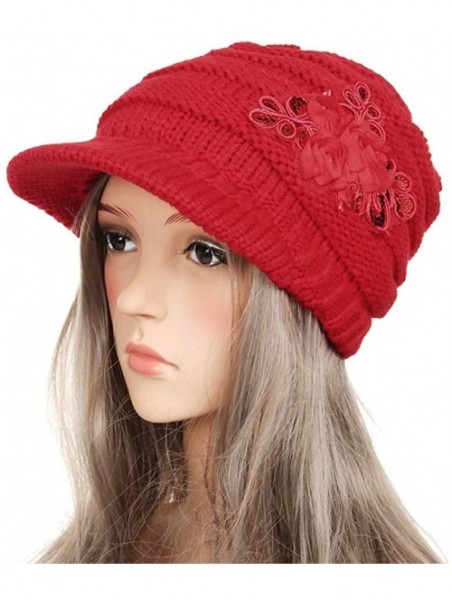 Skullies & Beanies Women Cable Knit Winter Warm Beanie Hats Newsboy Cap Visor with Sequined Flower - Red - C418M69MCHZ $14.11