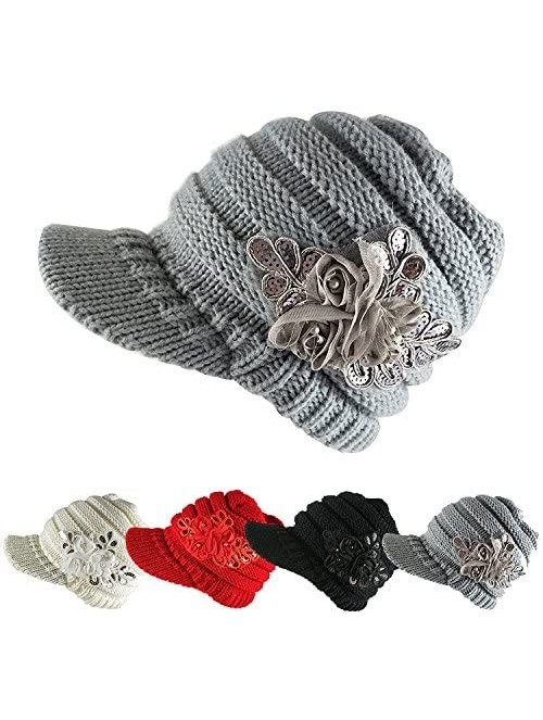 Skullies & Beanies Women Cable Knit Winter Warm Beanie Hats Newsboy Cap Visor with Sequined Flower - Red - C418M69MCHZ $14.11