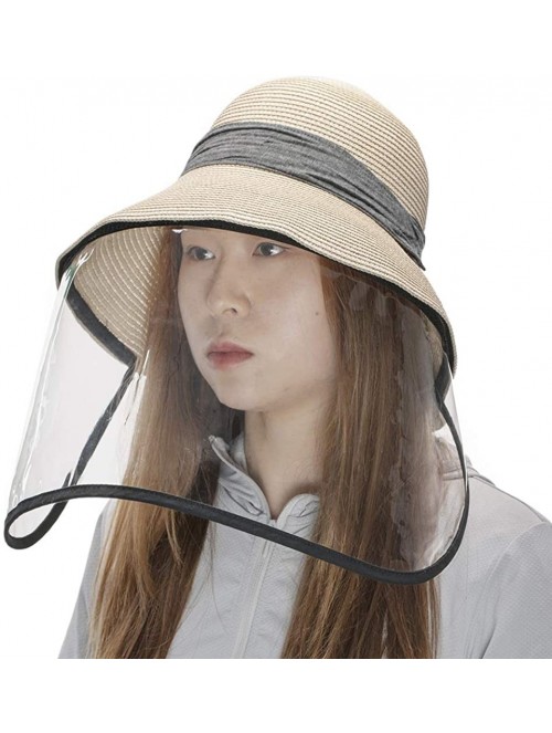 Sun Hats Packable UPF Straw Sunhat Women Summer Beach Wide Brim Fedora Travel Hat 54-59CM - 00758_beige(with Face Shield) - C...