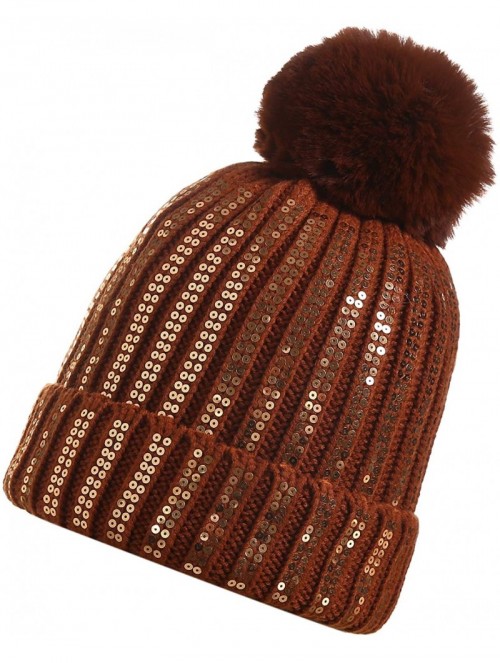 Skullies & Beanies Women Winter Knit Beanie-Hats- Pompom-Hats Warm Chunky-Elastic Shiny Ears for Women - Brown - CP18XTO7Q2O ...