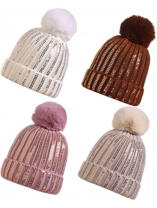 Skullies & Beanies Women Winter Knit Beanie-Hats- Pompom-Hats Warm Chunky-Elastic Shiny Ears for Women - Brown - CP18XTO7Q2O ...