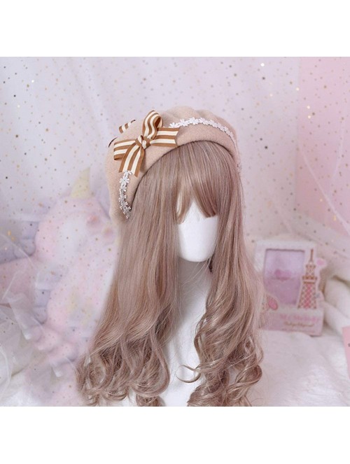 Berets Women's Girl's Lolita Cat's Butt Ladies Painter Hat Berets with Bowknot - Beige - CE18LL04EH3 $24.42