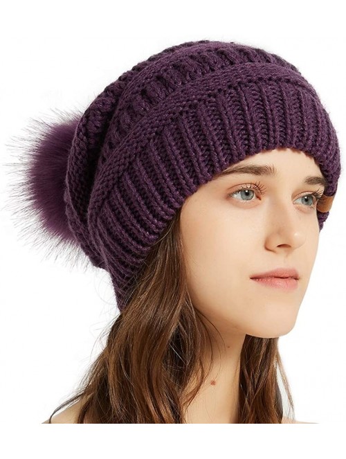 Skullies & Beanies Womens Winter Knit Slouchy Beanie Chunky Hats Bobble Hat Ski Cap with Faux Fur Pompom - Purple - CA18YSWZQ...