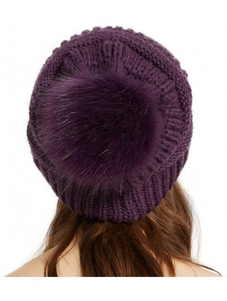 Skullies & Beanies Womens Winter Knit Slouchy Beanie Chunky Hats Bobble Hat Ski Cap with Faux Fur Pompom - Purple - CA18YSWZQ...