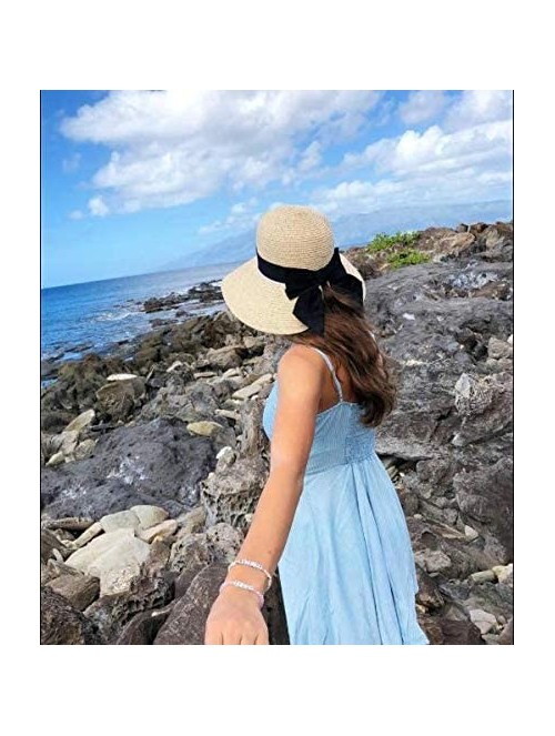 Sun Hats Summer Straw Beach Sun Visor Ponytail Hats for Women Foldable Floppy - Straw-nk-khiki - CS18R3449UW $18.28