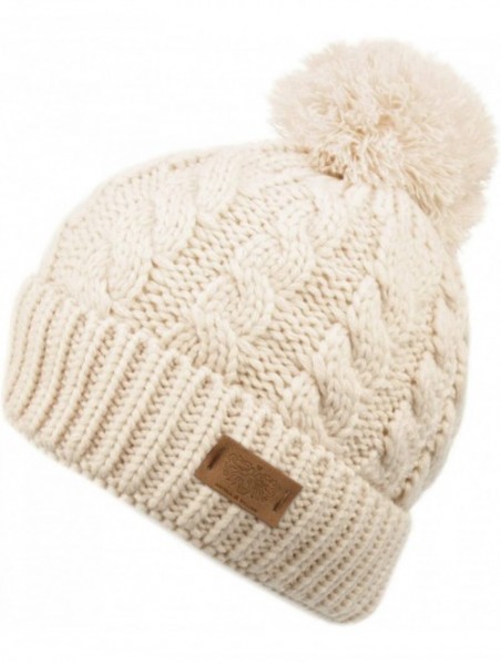 Skullies & Beanies Winter Oversized Cable Knitted Pom Pom Beanie Hat with Fleece Lining. - Khaki - CS18L9TCWGS $17.42