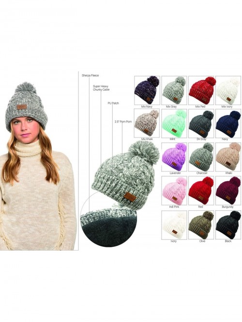 Skullies & Beanies Winter Oversized Cable Knitted Pom Pom Beanie Hat with Fleece Lining. - Khaki - CS18L9TCWGS $17.42