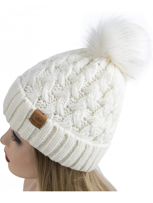 Skullies & Beanies Womens Winter Ribbed Beanie Crossed Cap Chunky Cable Knit Pompom Soft Warm Hat - White - C718MHM42QH $15.97