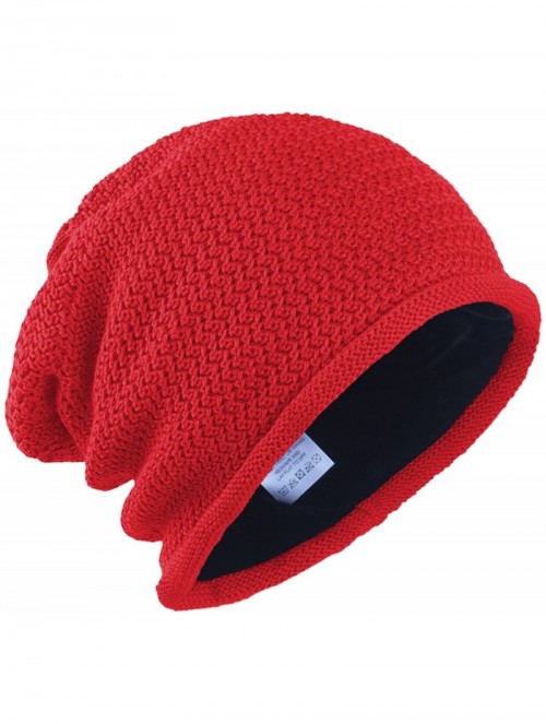 Skullies & Beanies Men's Solid Cotton Knit Beanie Hat Winter Slouch Skull Ski Cap - Red - C711S1I20PD $14.98