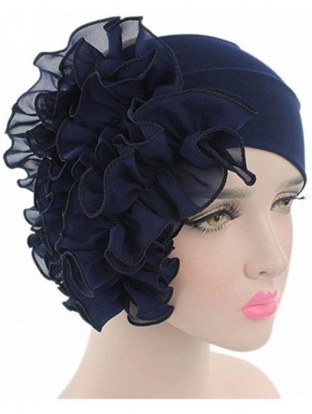 Headbands Womens Wrap Cap Flower Chemo Hat Beanie Scarf Turban Headband - Navy - CV18INZ254U $10.51