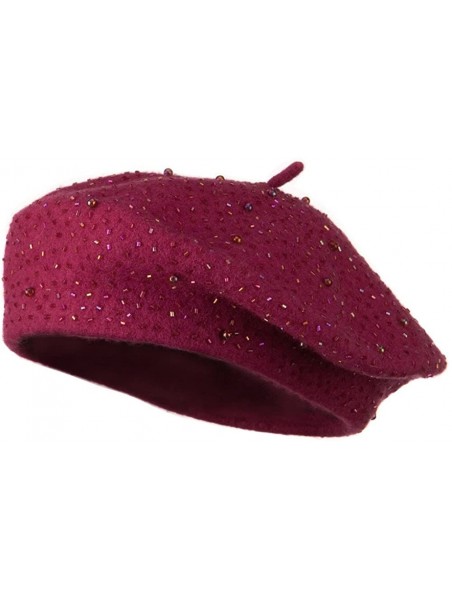 Berets Beads Decoration Wool Beret - Hot Pink - CM110A3WVXR $46.71