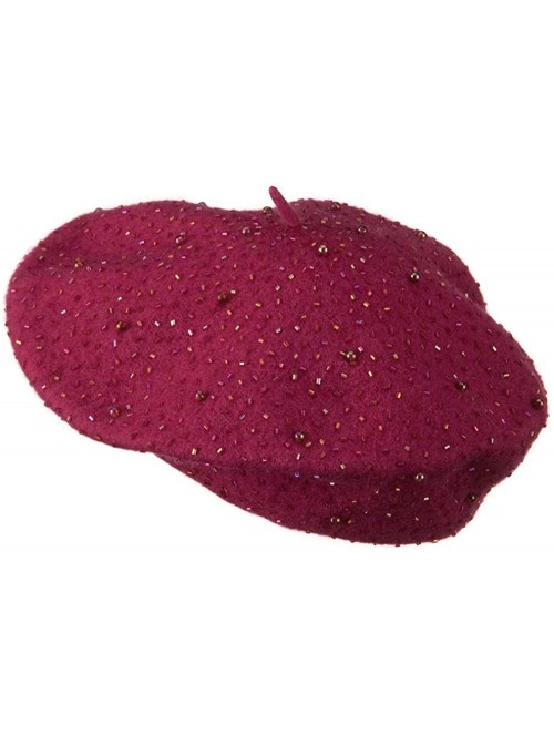 Berets Beads Decoration Wool Beret - Hot Pink - CM110A3WVXR $46.71