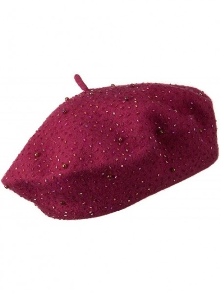 Berets Beads Decoration Wool Beret - Hot Pink - CM110A3WVXR $46.71