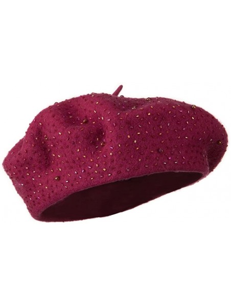 Berets Beads Decoration Wool Beret - Hot Pink - CM110A3WVXR $46.71