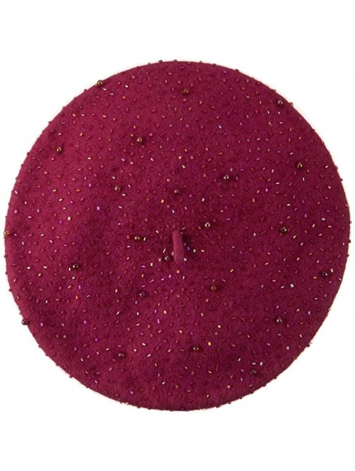 Berets Beads Decoration Wool Beret - Hot Pink - CM110A3WVXR $46.71