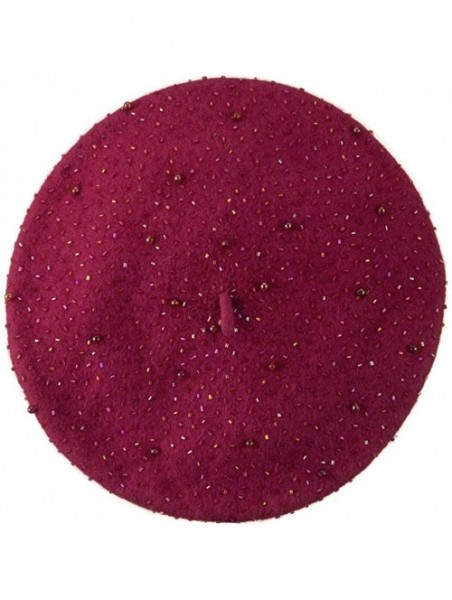 Berets Beads Decoration Wool Beret - Hot Pink - CM110A3WVXR $46.71