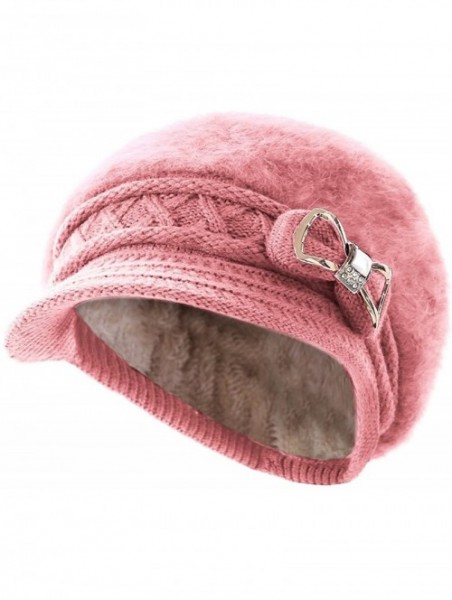 Newsboy Caps Lady Knit Newsboy Cap Beret Hats s Crystal Bow Angora Plush Winter Beanie Crochet - Pink - CY12NDYAXUW $15.89