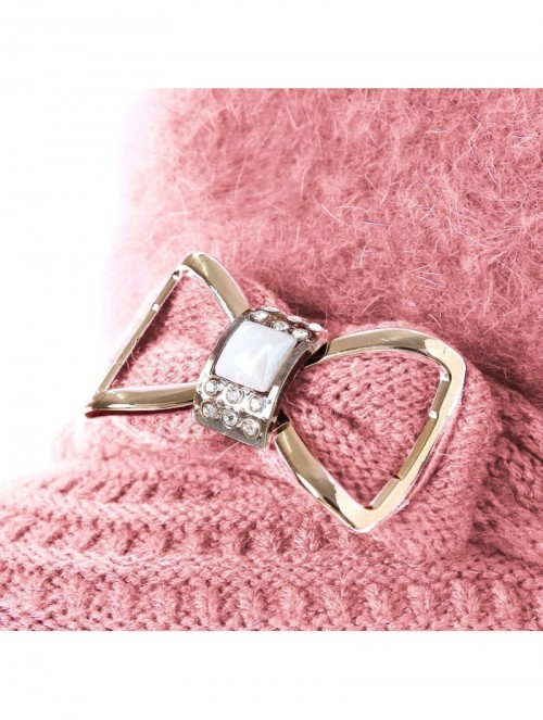 Newsboy Caps Lady Knit Newsboy Cap Beret Hats s Crystal Bow Angora Plush Winter Beanie Crochet - Pink - CY12NDYAXUW $15.89