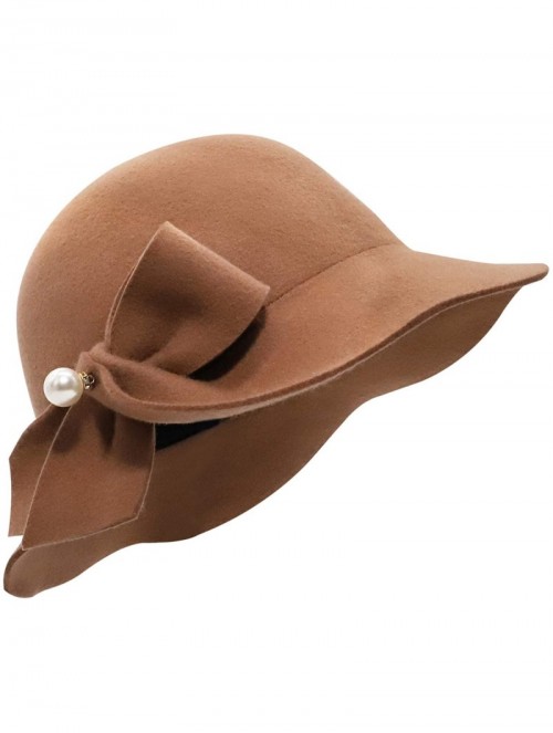 Bucket Hats Women Solid Color Winter Hat 100% Wool Cloche Bucket with Bow Accent - Pearl Style_dark Camel - CQ18YC6RW2R $25.63