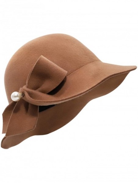 Bucket Hats Women Solid Color Winter Hat 100% Wool Cloche Bucket with Bow Accent - Pearl Style_dark Camel - CQ18YC6RW2R $25.63