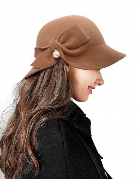 Bucket Hats Women Solid Color Winter Hat 100% Wool Cloche Bucket with Bow Accent - Pearl Style_dark Camel - CQ18YC6RW2R $25.63