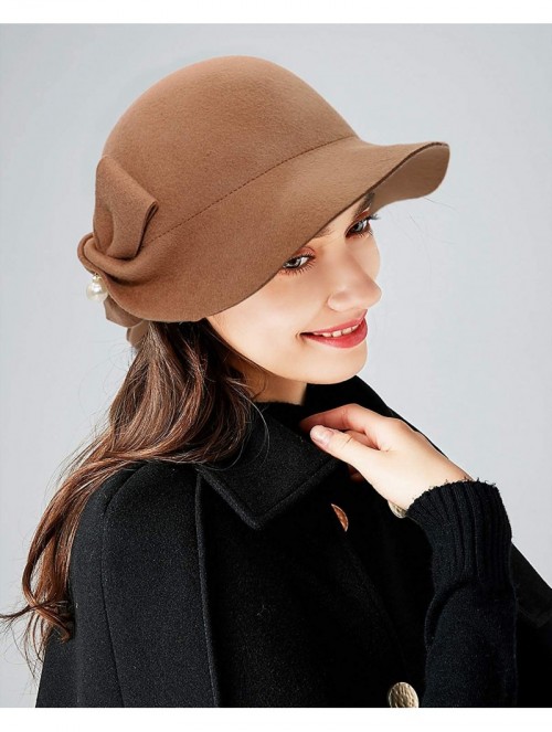 Bucket Hats Women Solid Color Winter Hat 100% Wool Cloche Bucket with Bow Accent - Pearl Style_dark Camel - CQ18YC6RW2R $25.63