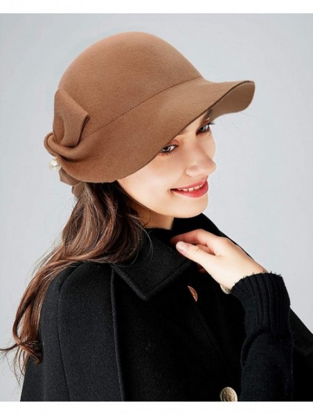 Bucket Hats Women Solid Color Winter Hat 100% Wool Cloche Bucket with Bow Accent - Pearl Style_dark Camel - CQ18YC6RW2R $25.63