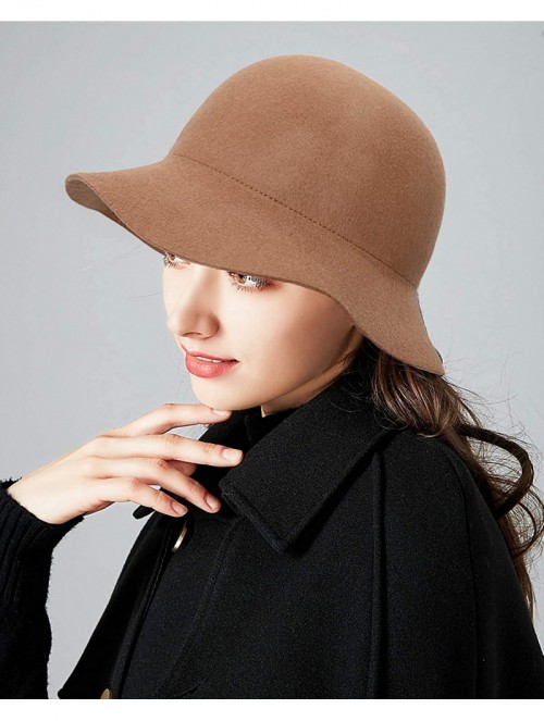 Bucket Hats Women Solid Color Winter Hat 100% Wool Cloche Bucket with Bow Accent - Pearl Style_dark Camel - CQ18YC6RW2R $25.63