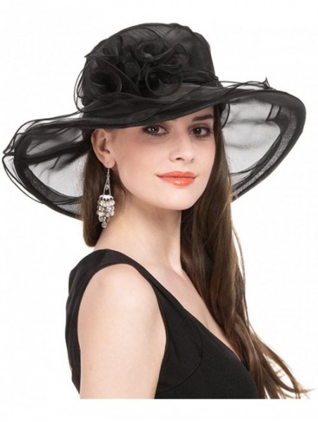 Sun Hats Women Kentucky Derby Church Beach Fascinators Hat Wide Floral Brim Flat Hat with Bowknot - Black With Flower - CC180...