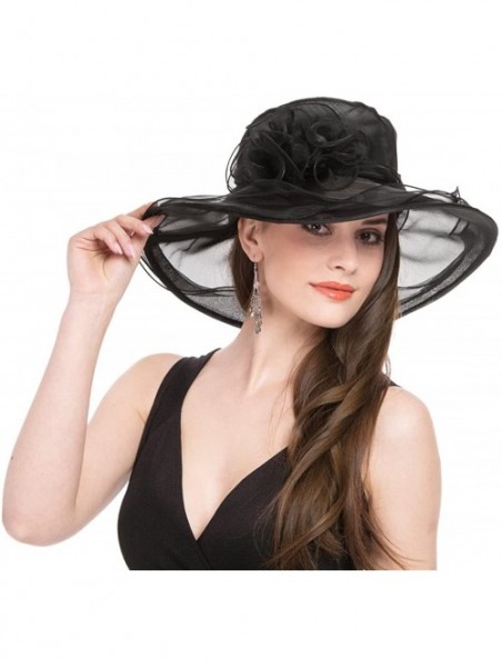 Sun Hats Women Kentucky Derby Church Beach Fascinators Hat Wide Floral Brim Flat Hat with Bowknot - Black With Flower - CC180...