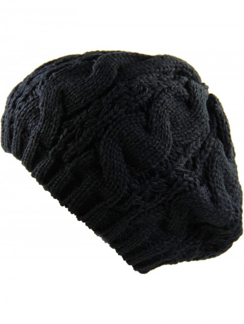 Berets Warm Chuncky Knit Over Size Cable Beanie Beret- Black - CL11VC7YK8F $13.67