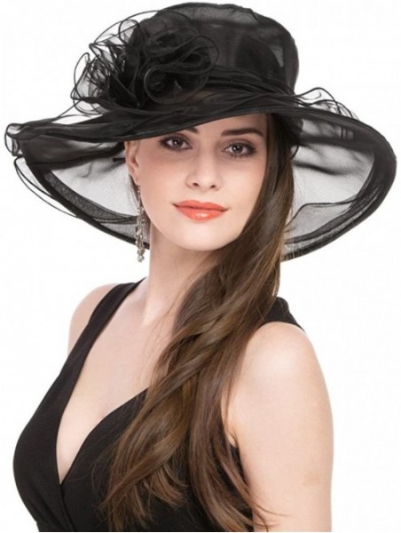 Sun Hats Women Kentucky Derby Church Beach Fascinators Hat Wide Floral Brim Flat Hat with Bowknot - Black With Flower - CC180...