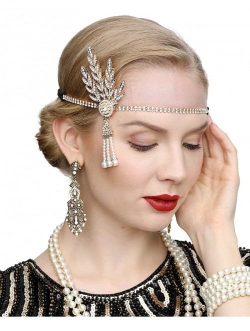 Headbands Art Deco 1920s Flapper Great Gatsby Leaf Wedding Bridal Tiara Pearl Headpiece Headband - Gold Set - C818ALCHZNX $31.55