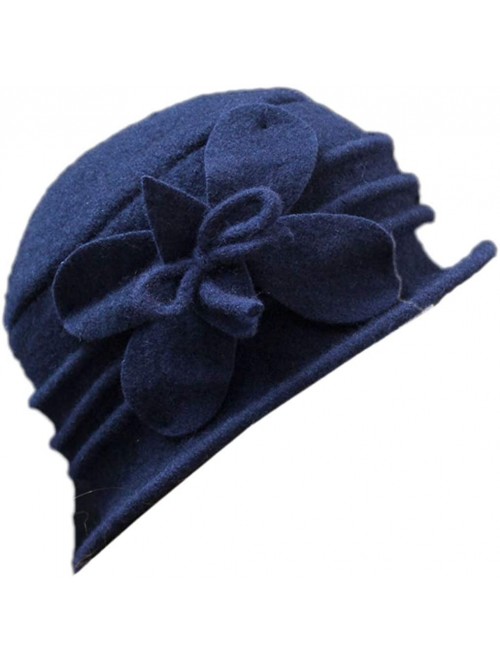 Fedoras Women 100% Wool Solid Color Round Top Cloche Beret Cap Flower Fedora Hat - 2 Navy - CI186WY866W $18.07