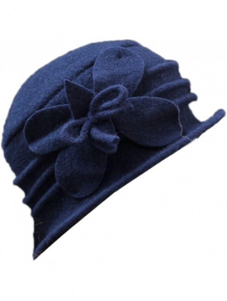 Fedoras Women 100% Wool Solid Color Round Top Cloche Beret Cap Flower Fedora Hat - 2 Navy - CI186WY866W $18.07