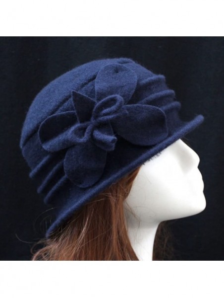 Fedoras Women 100% Wool Solid Color Round Top Cloche Beret Cap Flower Fedora Hat - 2 Navy - CI186WY866W $18.07